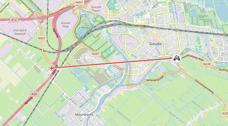Kaart van de omgeving van de melding, met de kazerne die is gealarmeerd