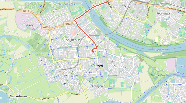 Kaart van de omgeving van de melding, met de kazerne die is gealarmeerd