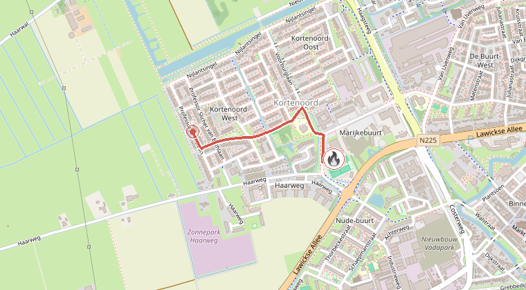 Kaart van de omgeving van de melding, met de kazerne die is gealarmeerd