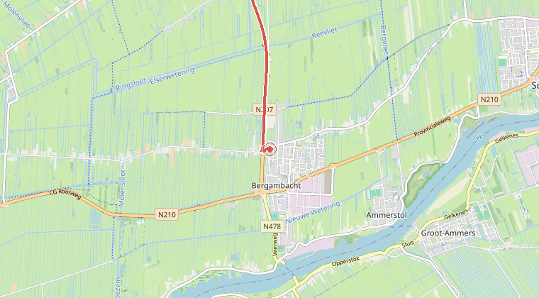 Kaart van de omgeving van de melding, met de kazerne die is gealarmeerd