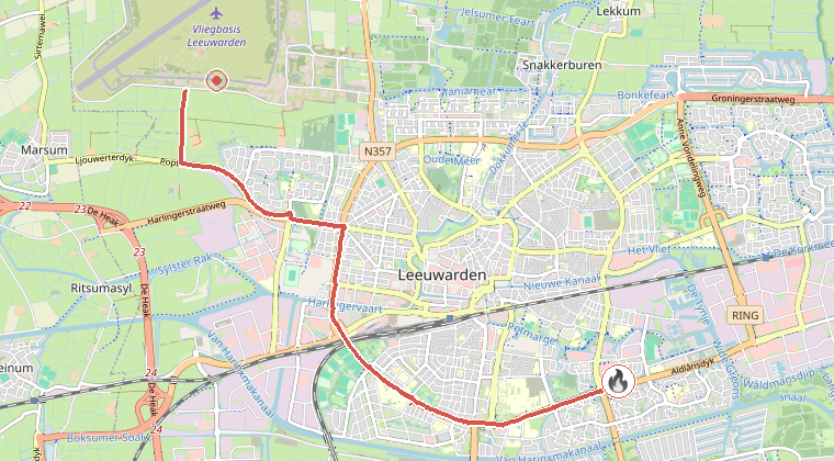 Kaart van de omgeving van de melding, met de kazerne die is gealarmeerd