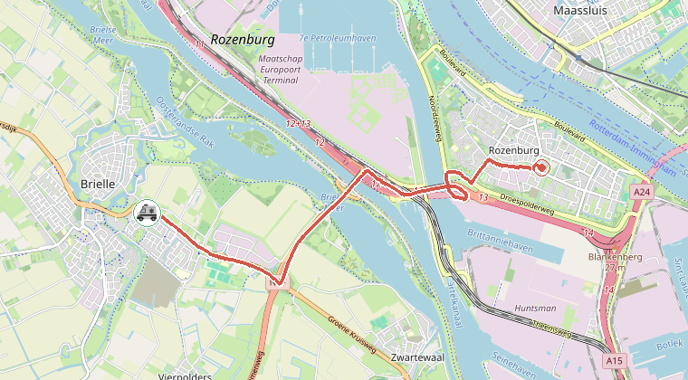 Kaart van de omgeving van de melding, met de kazerne die is gealarmeerd