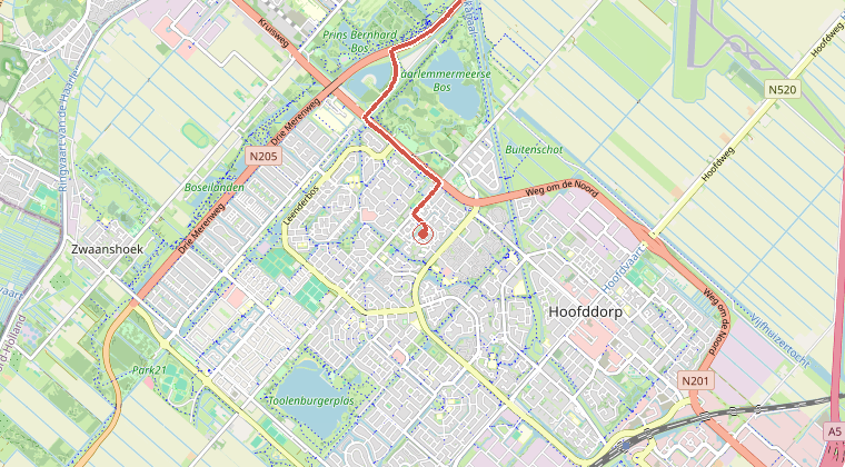 Kaart van de omgeving van de melding, met de kazerne die is gealarmeerd