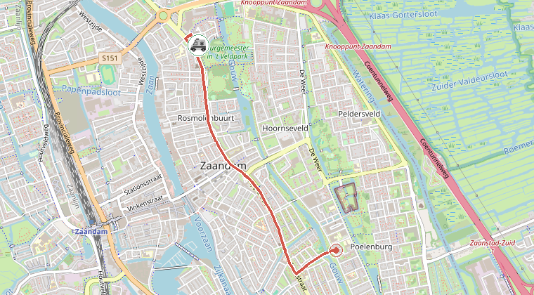 Kaart van de omgeving van de melding, met de kazerne die is gealarmeerd