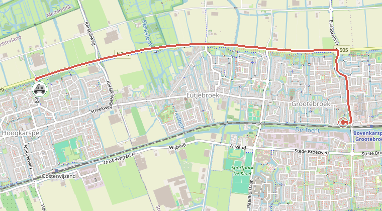 Kaart van de omgeving van de melding, met de kazerne die is gealarmeerd