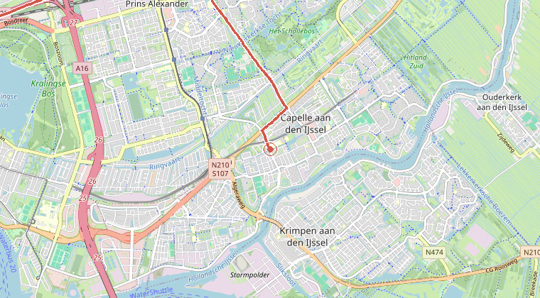 Kaart van de omgeving van de melding, met de kazerne die is gealarmeerd