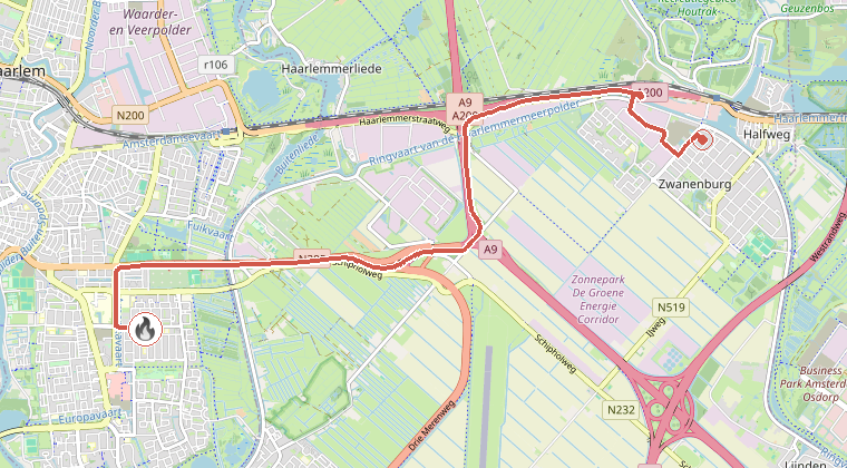 Kaart van de omgeving van de melding, met de kazerne die is gealarmeerd