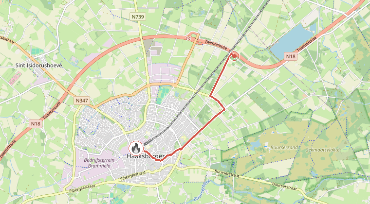 Kaart van de omgeving van de melding, met de kazerne die is gealarmeerd