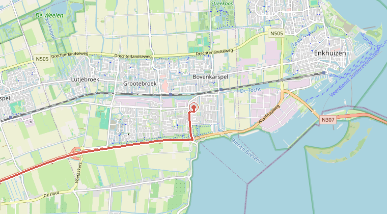 Kaart van de omgeving van de melding, met de kazerne die is gealarmeerd