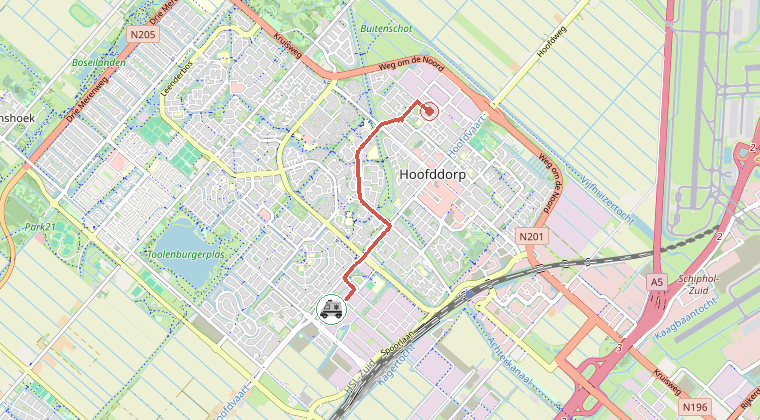 Kaart van de omgeving van de melding, met de kazerne die is gealarmeerd