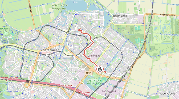 Kaart van de omgeving van de melding, met de kazerne die is gealarmeerd