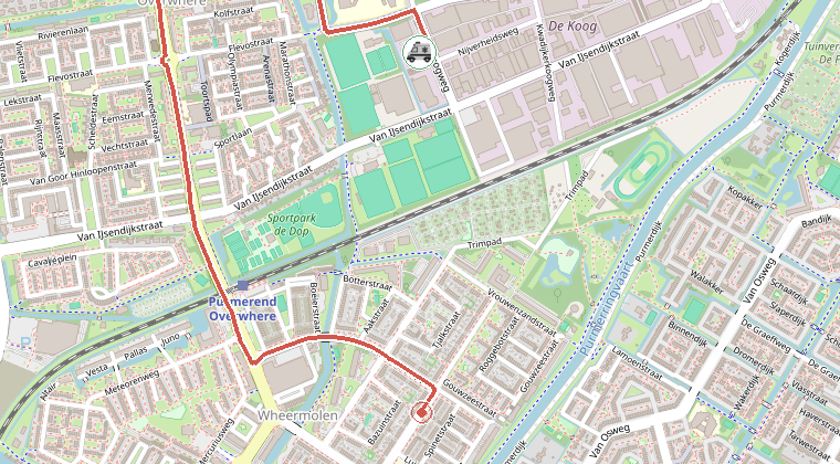 Kaart van de omgeving van de melding, met de kazerne die is gealarmeerd