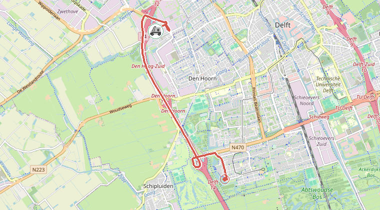 Kaart van de omgeving van de melding, met de kazerne die is gealarmeerd