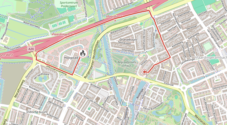 Kaart van de omgeving van de melding, met de kazerne die is gealarmeerd