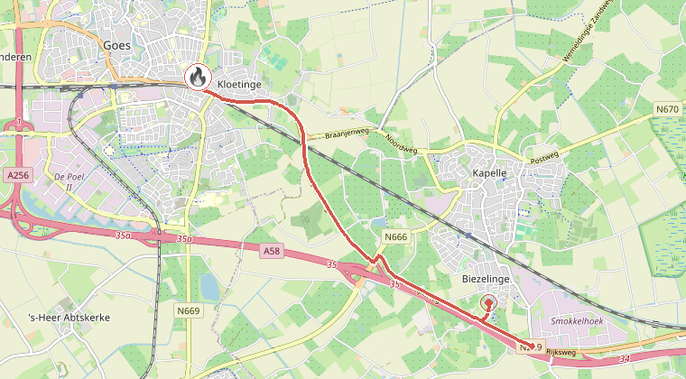 Kaart van de omgeving van de melding, met de kazerne die is gealarmeerd