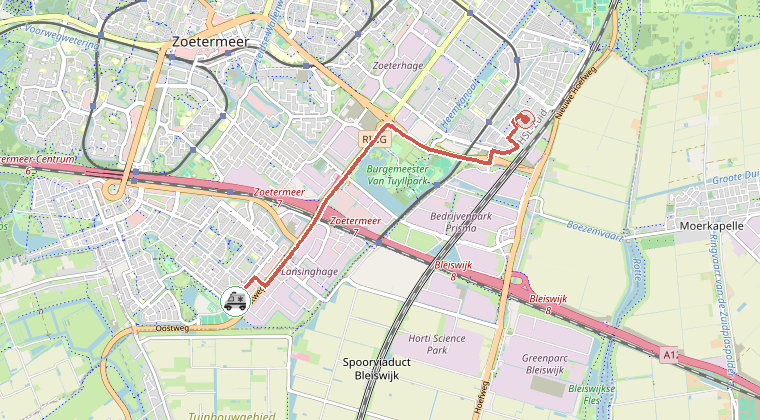 Kaart van de omgeving van de melding, met de kazerne die is gealarmeerd