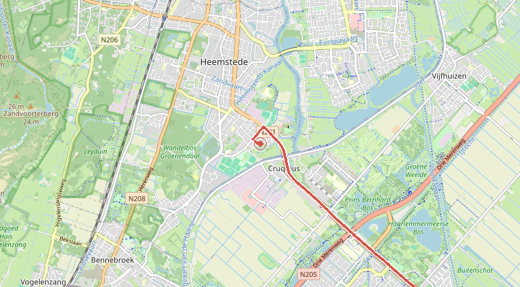 Kaart van de omgeving van de melding, met de kazerne die is gealarmeerd