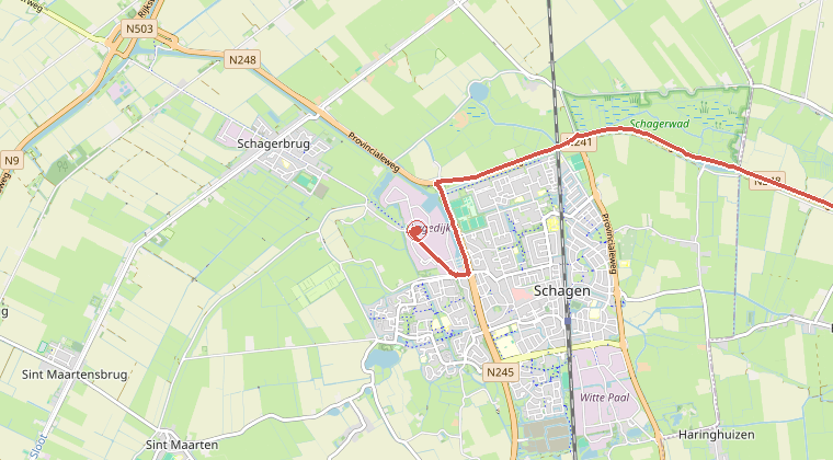 Kaart van de omgeving van de melding, met de kazerne die is gealarmeerd