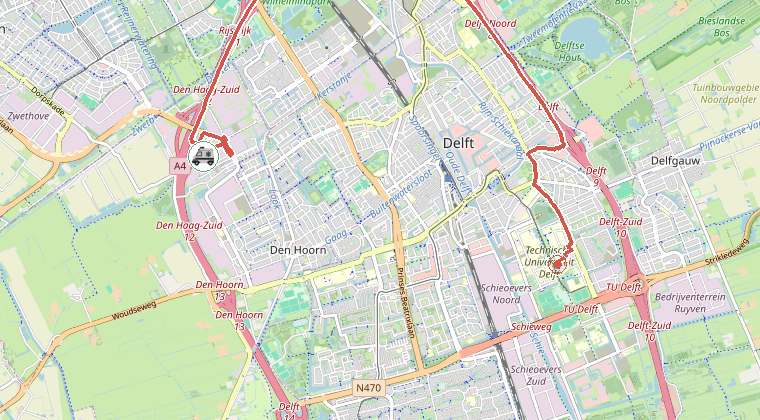 Kaart van de omgeving van de melding, met de kazerne die is gealarmeerd