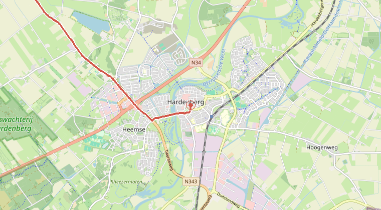 Kaart van de omgeving van de melding, met de kazerne die is gealarmeerd