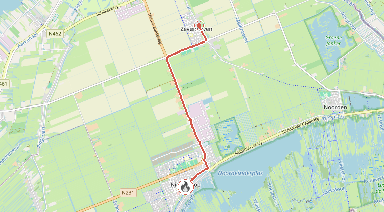 Kaart van de omgeving van de melding, met de kazerne die is gealarmeerd