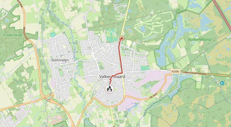 Kaart van de omgeving van de melding, met de kazerne die is gealarmeerd