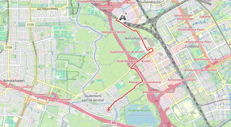 Kaart van de omgeving van de melding, met de kazerne die is gealarmeerd