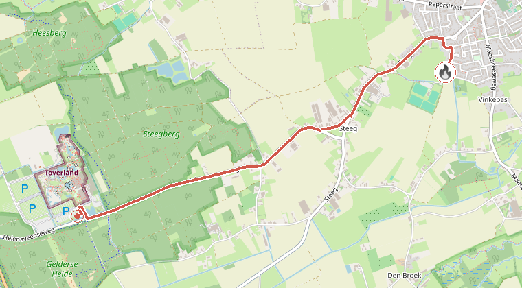 Kaart van de omgeving van de melding, met de kazerne die is gealarmeerd