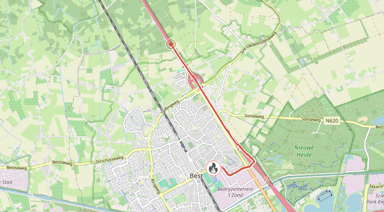 Kaart van de omgeving van de melding, met de kazerne die is gealarmeerd