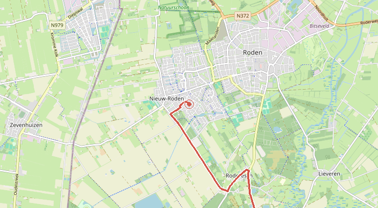 Kaart van de omgeving van de melding, met de kazerne die is gealarmeerd