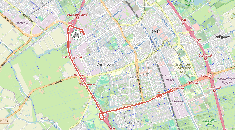 Kaart van de omgeving van de melding, met de kazerne die is gealarmeerd