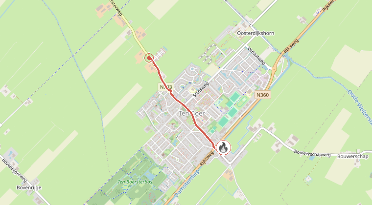 Kaart van de omgeving van de melding, met de kazerne die is gealarmeerd