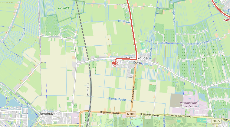 Kaart van de omgeving van de melding, met de kazerne die is gealarmeerd