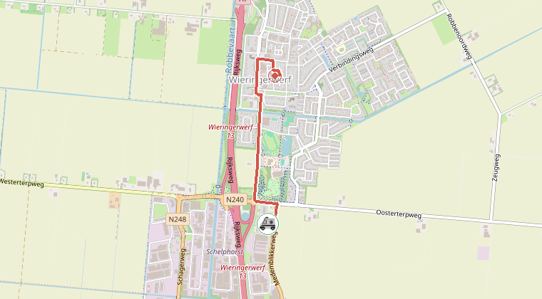 Kaart van de omgeving van de melding, met de kazerne die is gealarmeerd