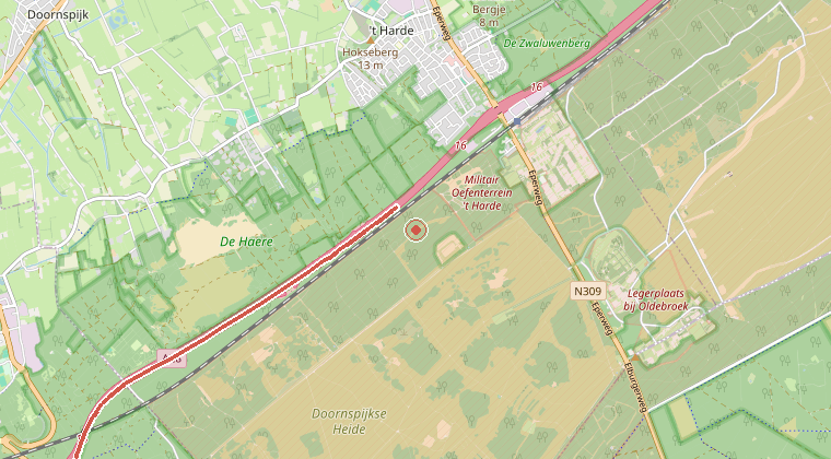 Kaart van de omgeving van de melding, met de kazerne die is gealarmeerd