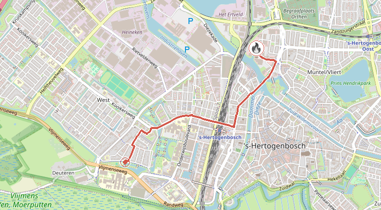 Kaart van de omgeving van de melding, met de kazerne die is gealarmeerd