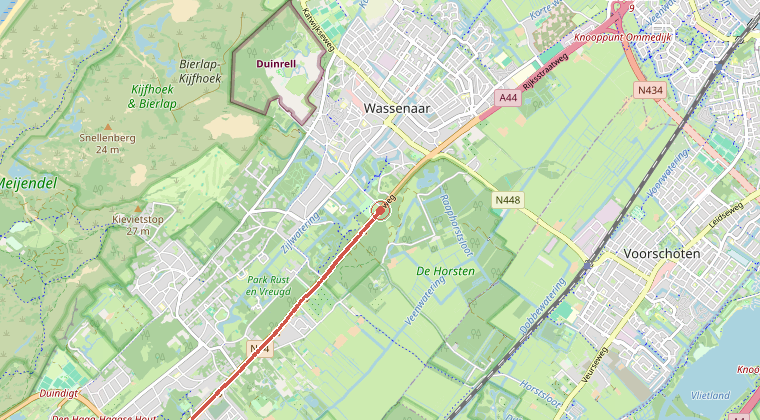Kaart van de omgeving van de melding, met de kazerne die is gealarmeerd