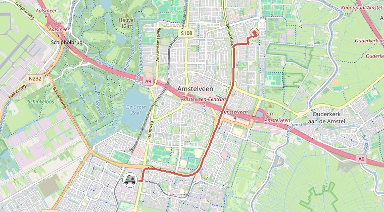 Kaart van de omgeving van de melding, met de kazerne die is gealarmeerd