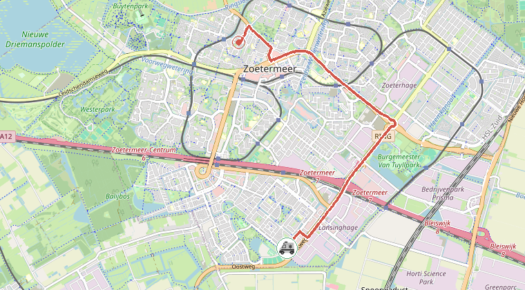 Kaart van de omgeving van de melding, met de kazerne die is gealarmeerd