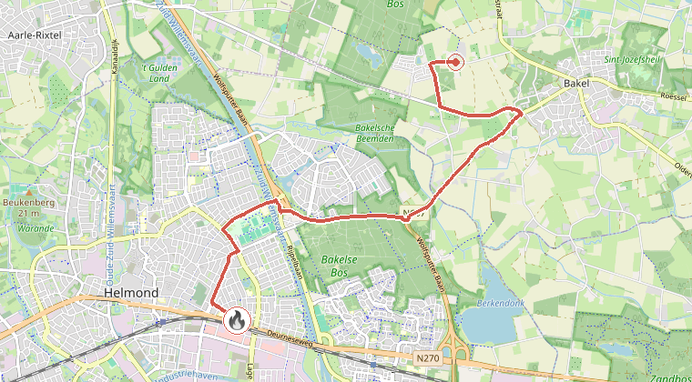 Kaart van de omgeving van de melding, met de kazerne die is gealarmeerd