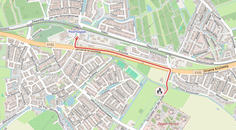 Kaart van de omgeving van de melding, met de kazerne die is gealarmeerd
