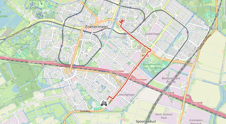 Kaart van de omgeving van de melding, met de kazerne die is gealarmeerd