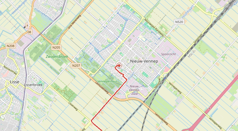 Kaart van de omgeving van de melding, met de kazerne die is gealarmeerd