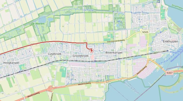 Kaart van de omgeving van de melding, met de kazerne die is gealarmeerd