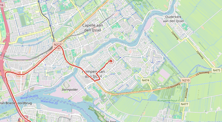 Kaart van de omgeving van de melding, met de kazerne die is gealarmeerd