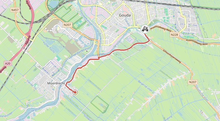 Kaart van de omgeving van de melding, met de kazerne die is gealarmeerd