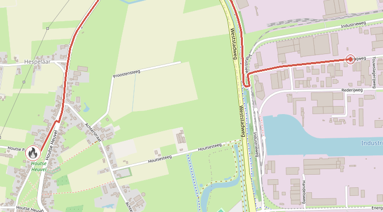 Kaart van de omgeving van de melding, met de kazerne die is gealarmeerd
