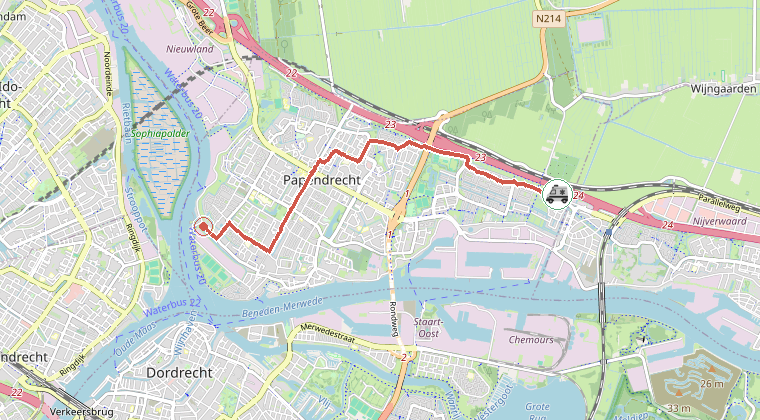 Kaart van de omgeving van de melding, met de kazerne die is gealarmeerd