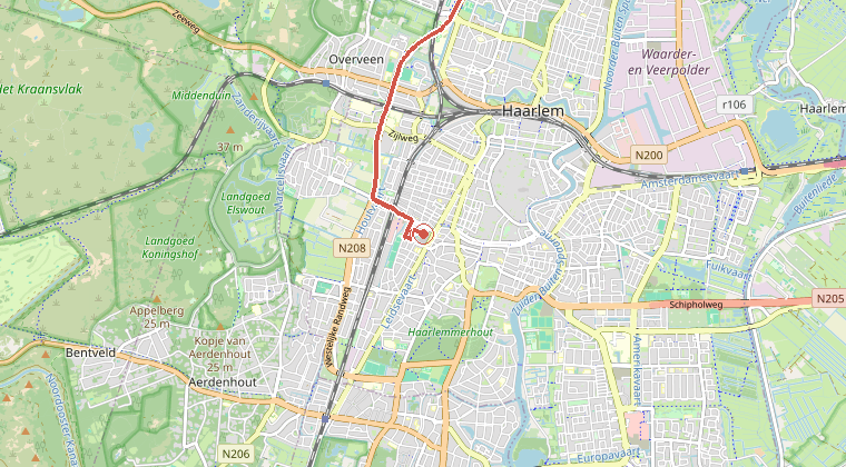 Kaart van de omgeving van de melding, met de kazerne die is gealarmeerd