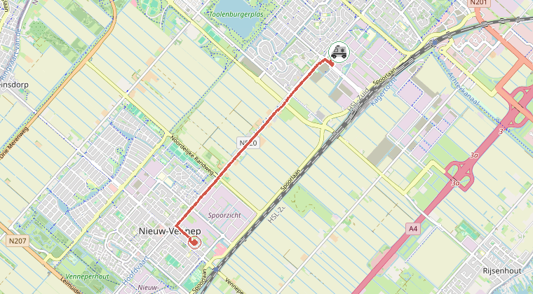 Kaart van de omgeving van de melding, met de kazerne die is gealarmeerd